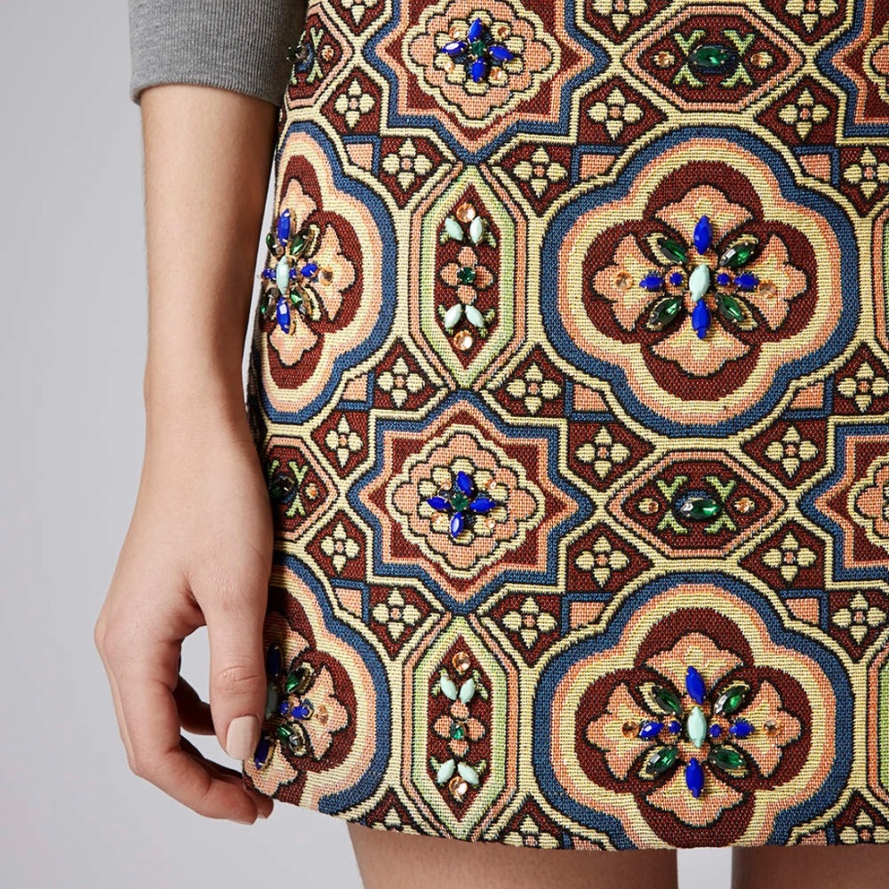 Embellished Mosaic-Print Mini Skirt in Brown & Blue Size 4. Fits More Like a 0